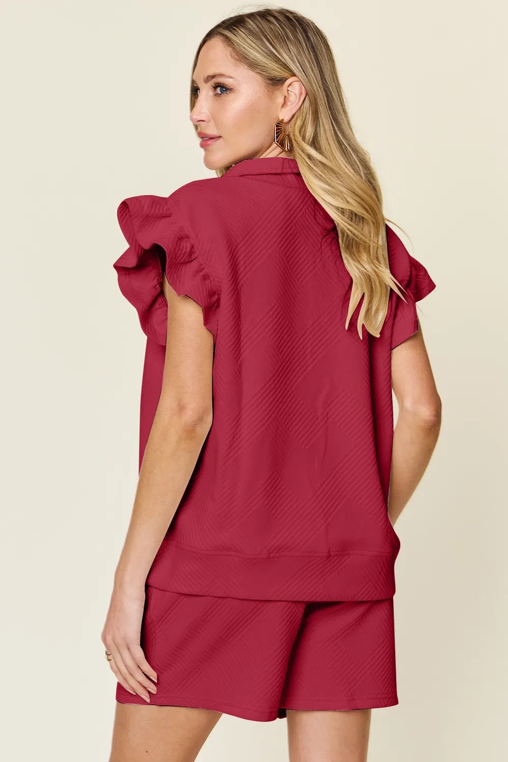 Textured Flounce Sleeve Top & Drawstring Shorts Set - Full Size - Grace & Grit Boutique