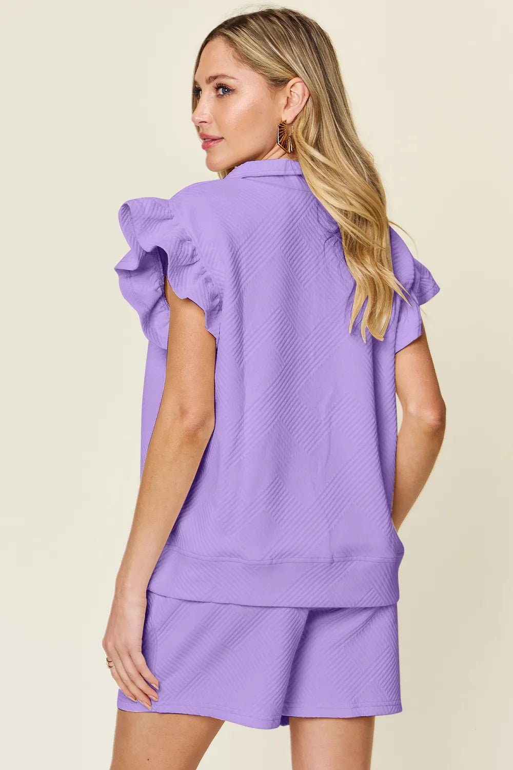 Textured Flounce Sleeve Top & Drawstring Shorts Set - Full Size - Grace & Grit Boutique
