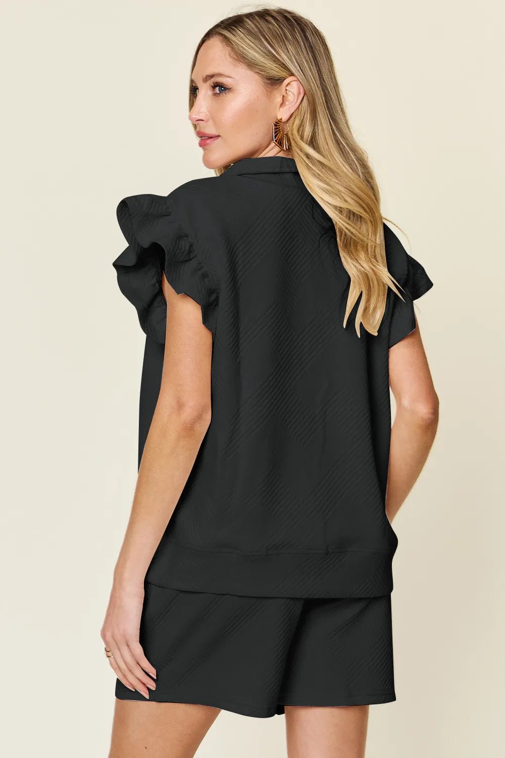 Textured Flounce Sleeve Top & Drawstring Shorts Set - Full Size - Grace & Grit Boutique