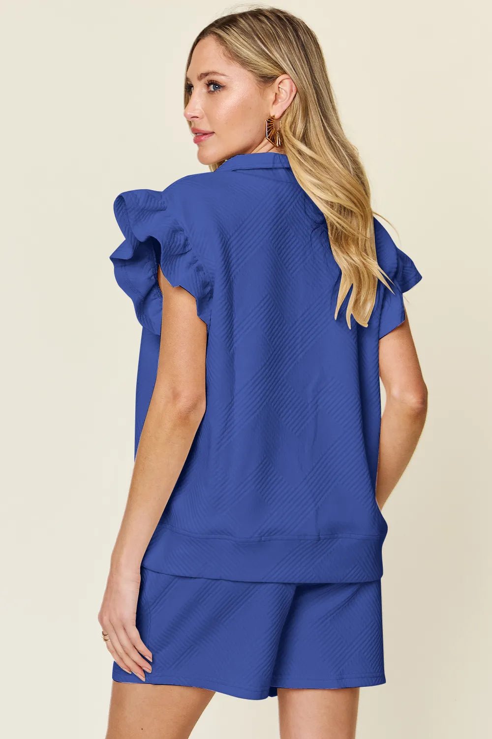 Textured Flounce Sleeve Top & Drawstring Shorts Set - Full Size - Grace & Grit Boutique