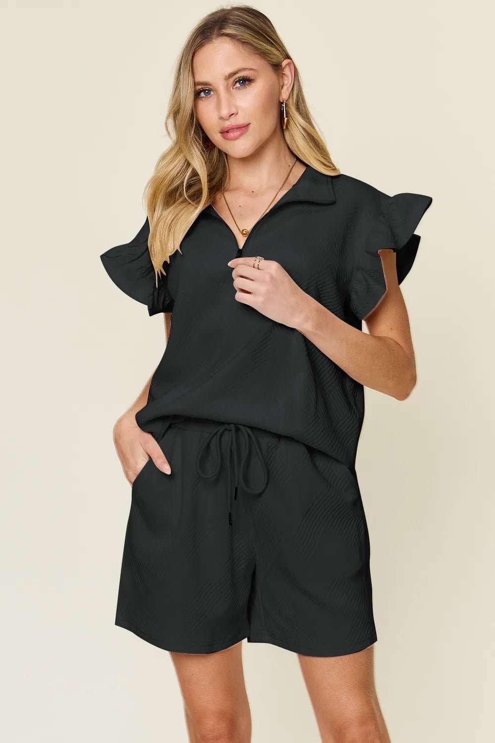 Textured Flounce Sleeve Top & Drawstring Shorts Set - Full Size by Trendsi
