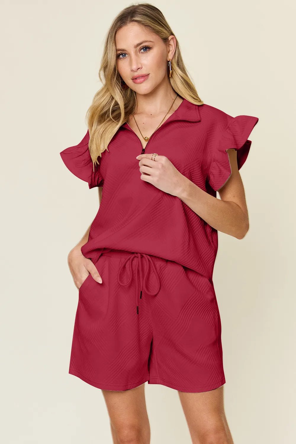 Textured Flounce Sleeve Top & Drawstring Shorts Set - Full Size by Trendsi
