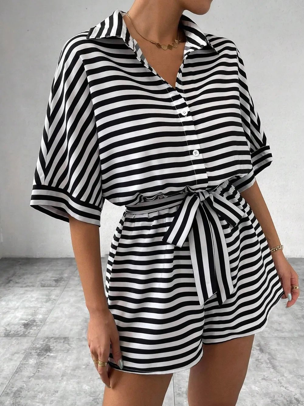 Tie Waist Half Button Striped Romper - Grace & Grit Boutique