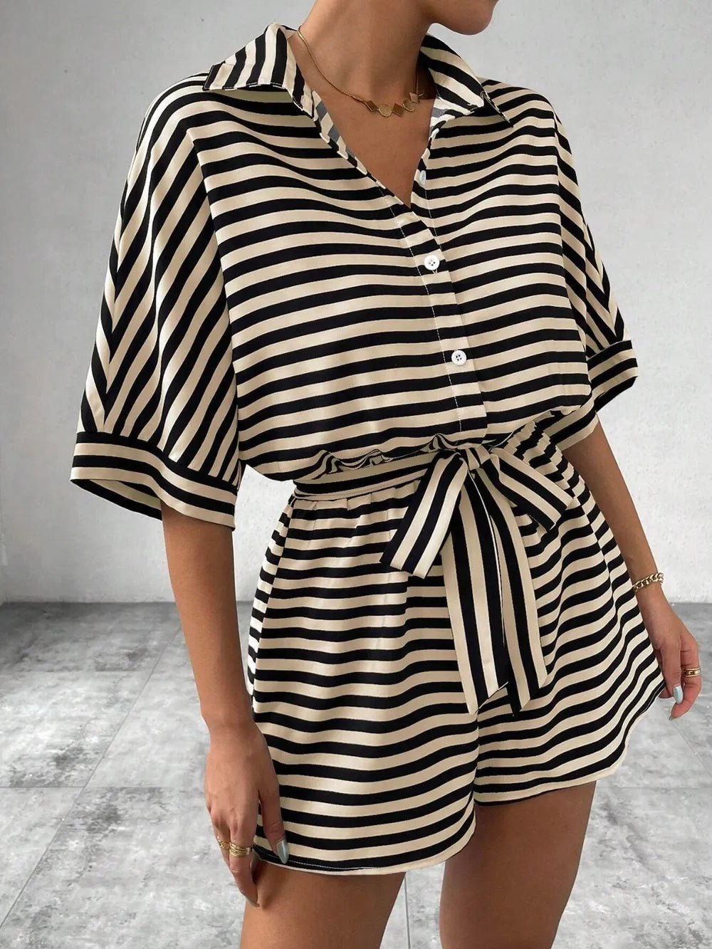 Tie Waist Half Button Striped Romper - Grace & Grit Boutique