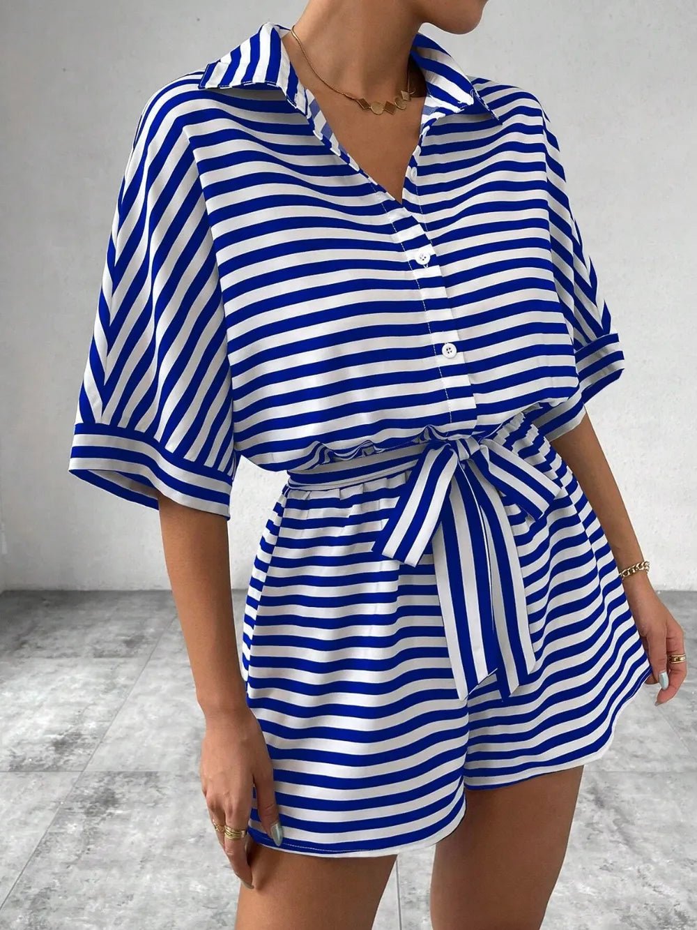 Tie Waist Half Button Striped Romper by Trendsi