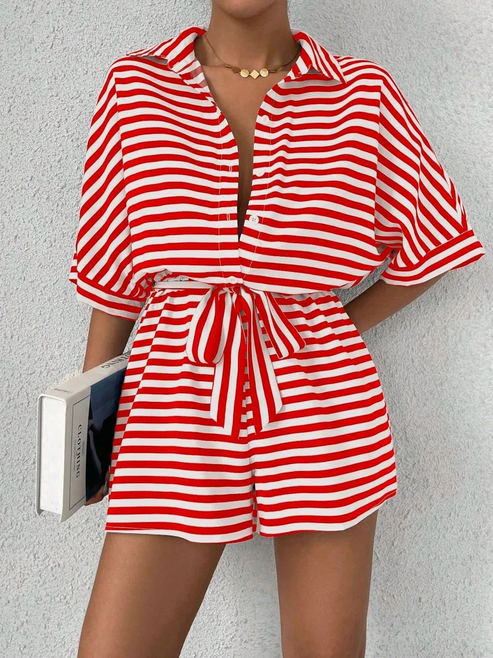 Tie Waist Half Button Striped Romper - Grace & Grit Boutique