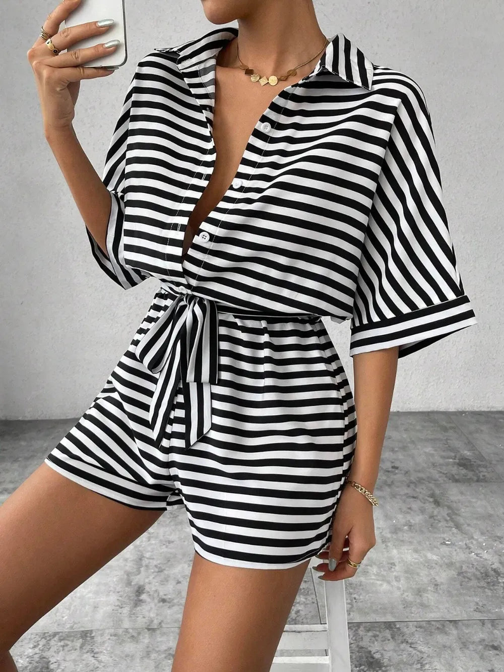 Tie Waist Half Button Striped Romper - Grace & Grit Boutique