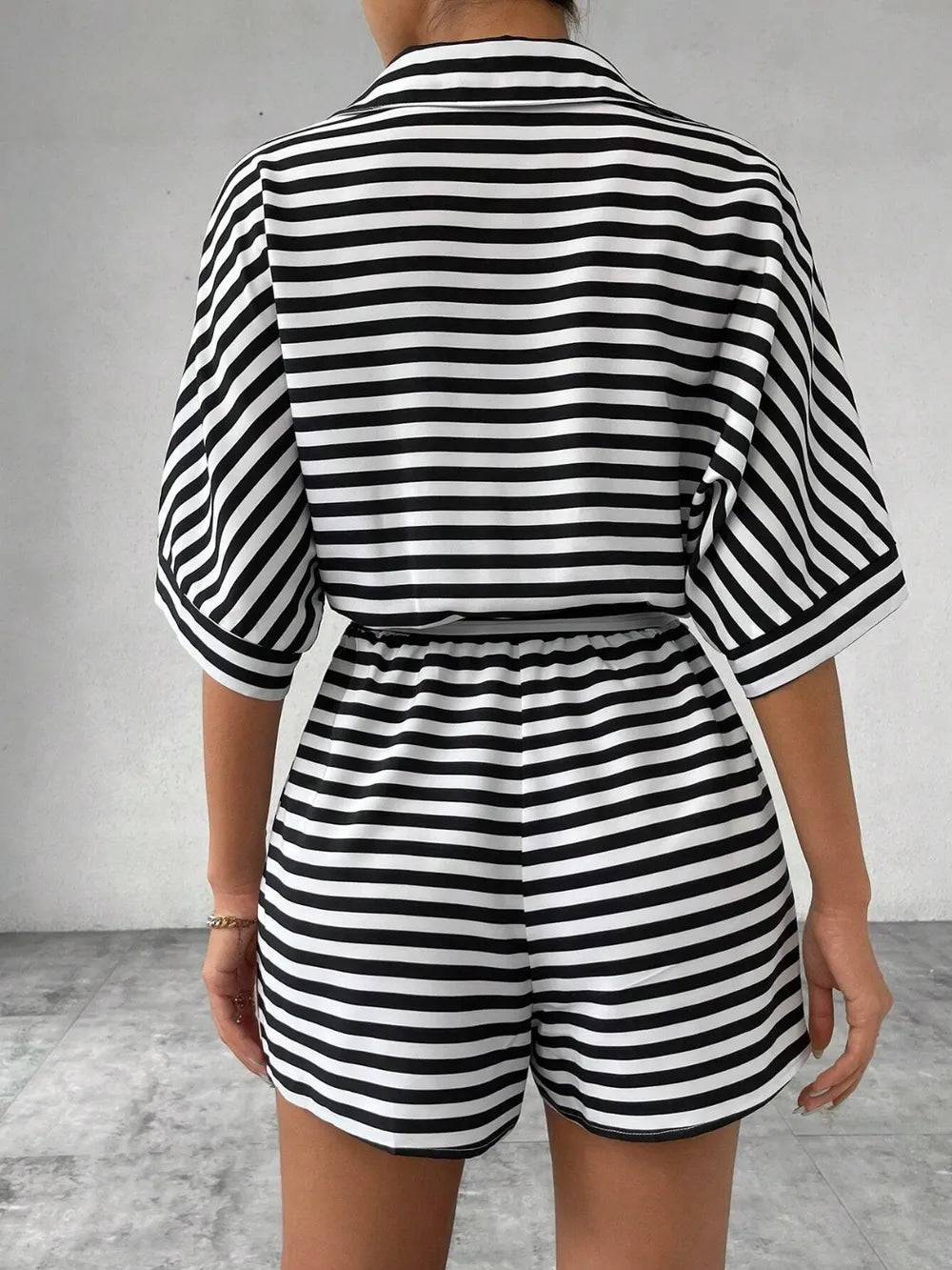 Tie Waist Half Button Striped Romper - Grace & Grit Boutique