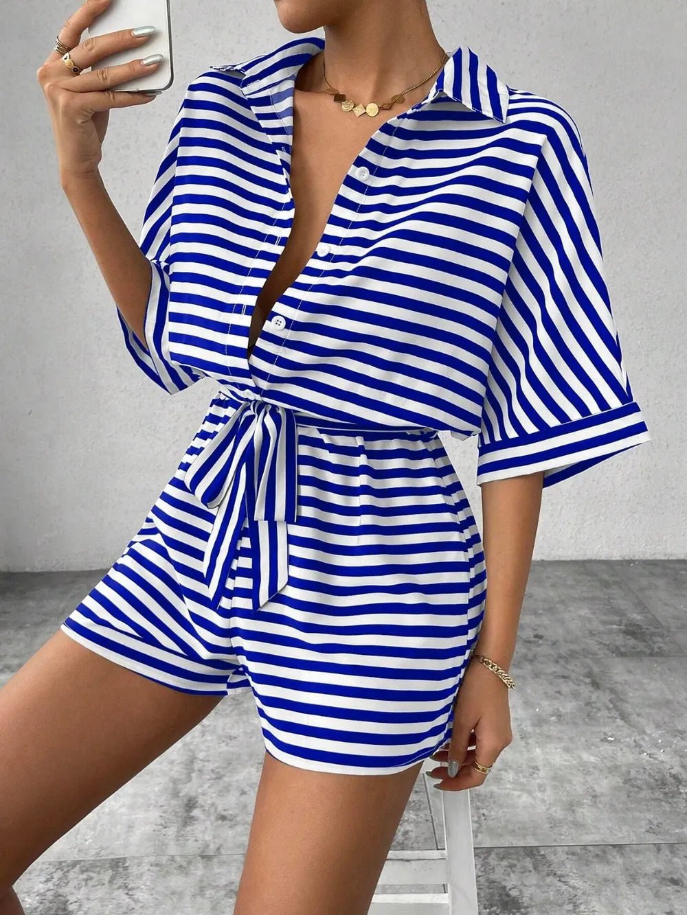 Tie Waist Half Button Striped Romper - Grace & Grit Boutique
