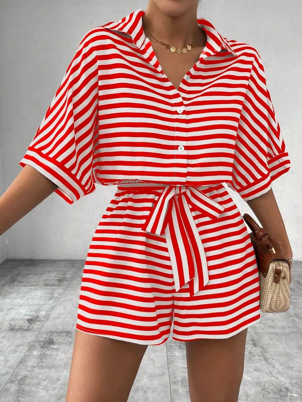 Tie Waist Half Button Striped Romper - Grace & Grit Boutique