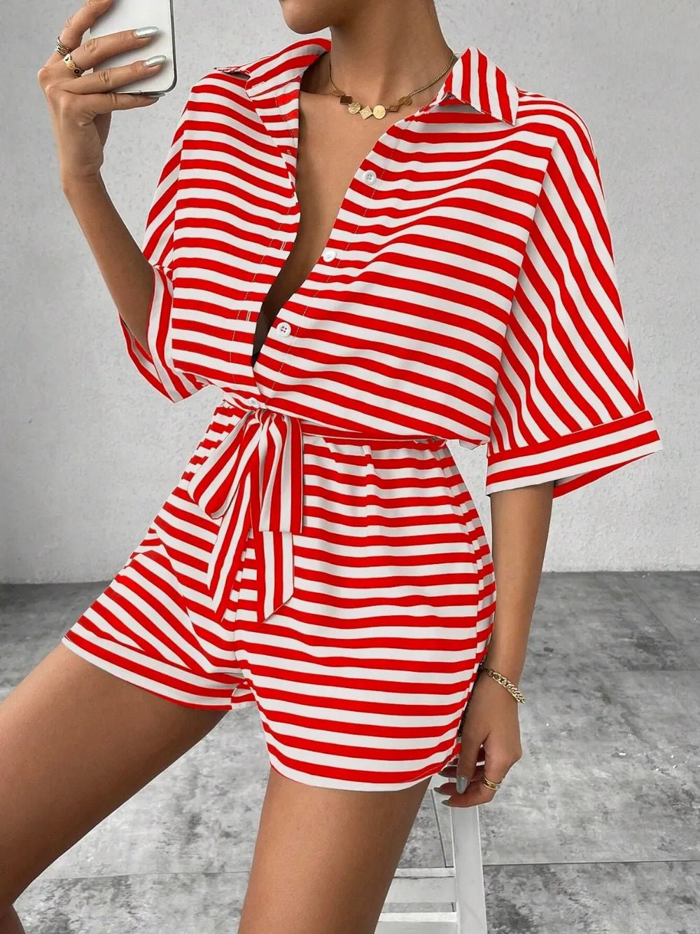 Tie Waist Half Button Striped Romper by Trendsi