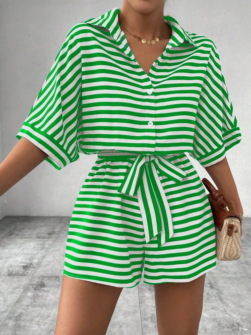 Tie Waist Half Button Striped Romper - Grace & Grit Boutique