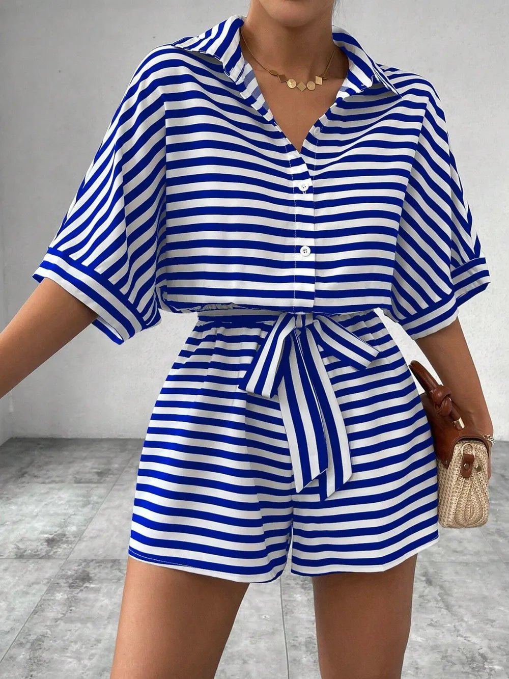 Tie Waist Half Button Striped Romper - Grace & Grit Boutique