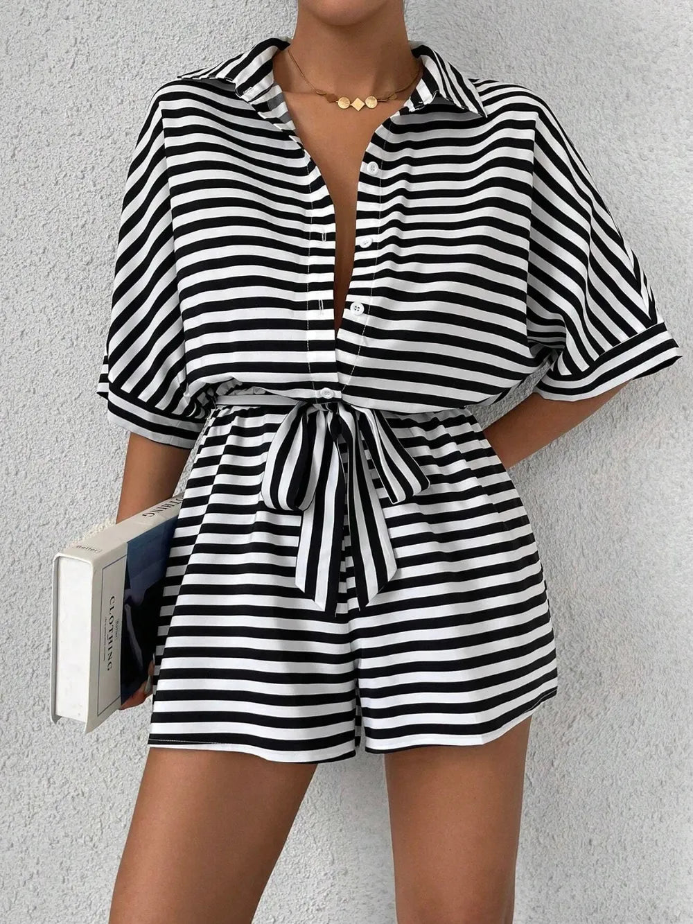 Tie Waist Half Button Striped Romper - Grace & Grit Boutique