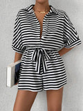 Tie Waist Half Button Striped Romper - Grace & Grit Boutique