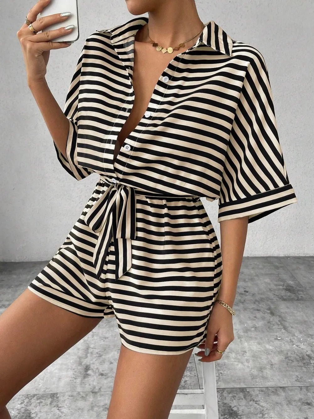 Tie Waist Half Button Striped Romper - Grace & Grit Boutique