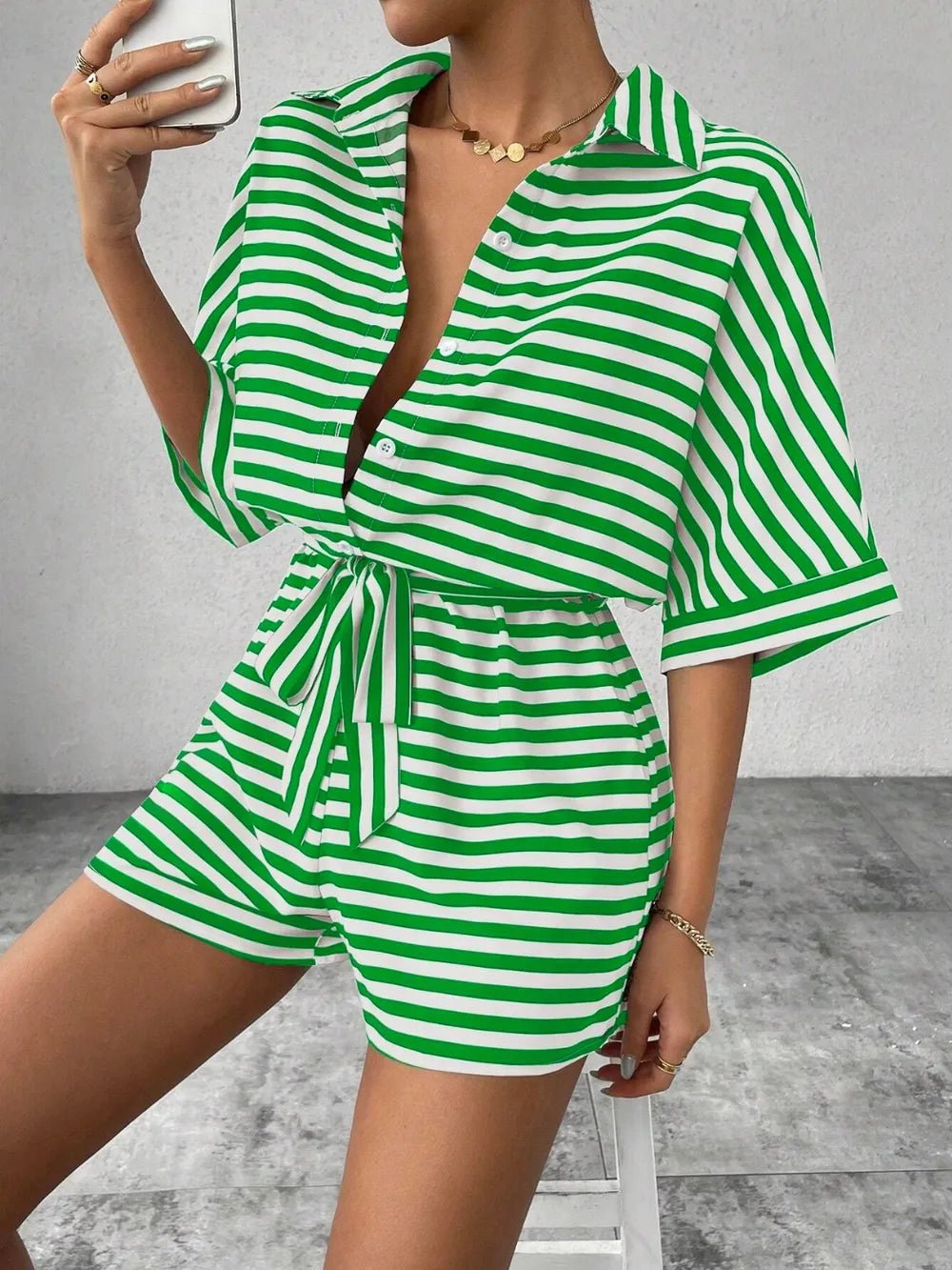 Tie Waist Half Button Striped Romper by Trendsi