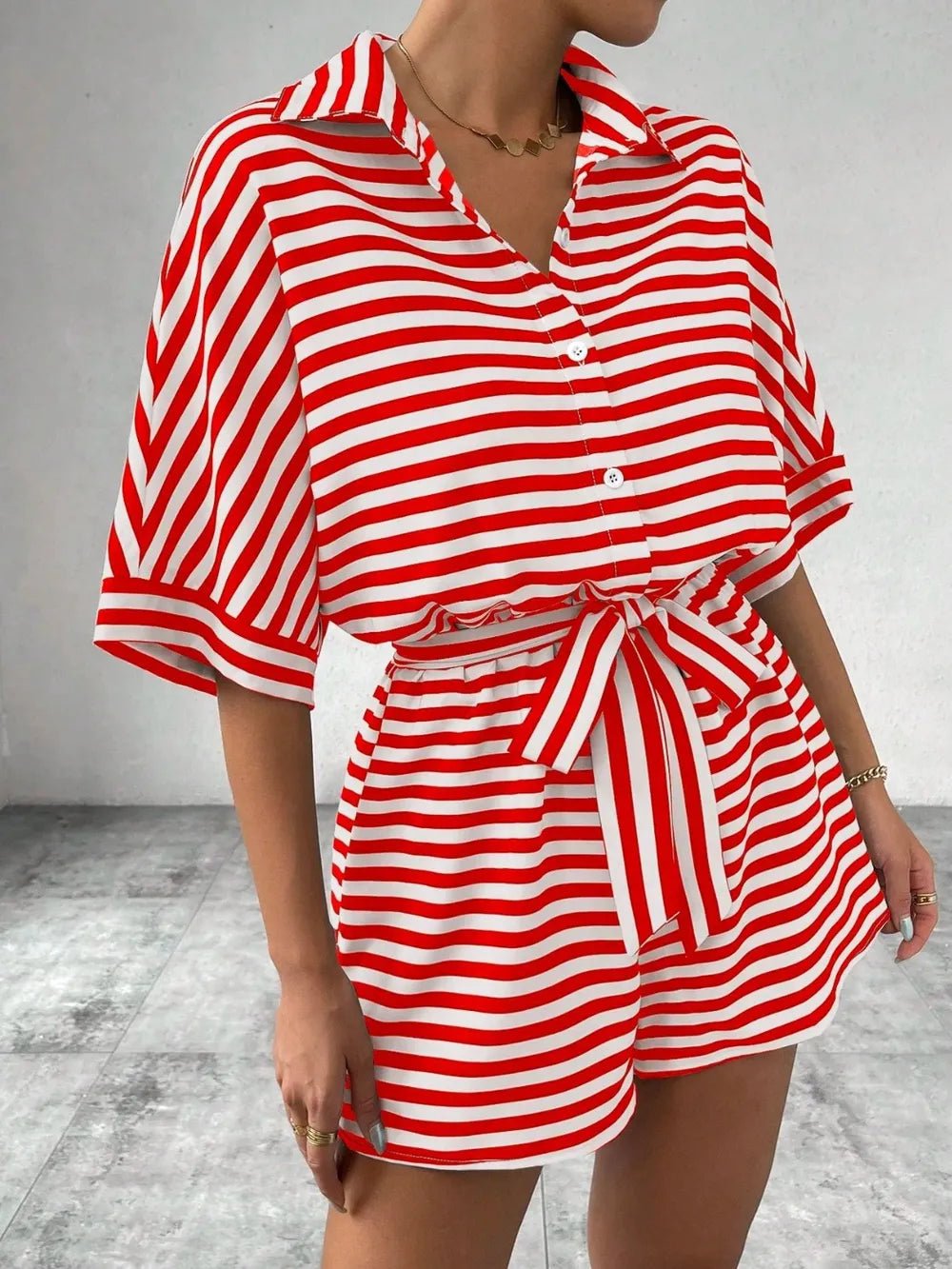 Tie Waist Half Button Striped Romper - Grace & Grit Boutique