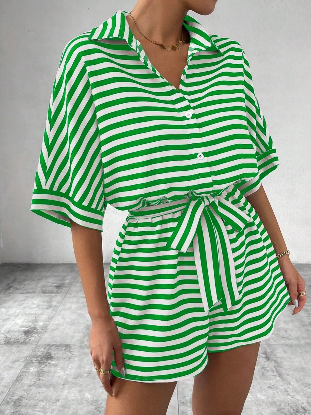 Tie Waist Half Button Striped Romper - Grace & Grit Boutique