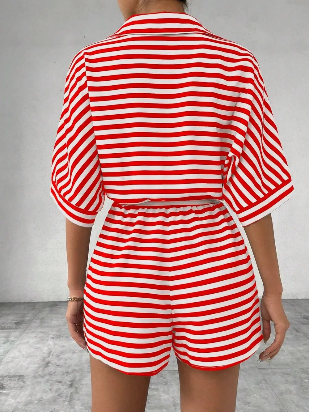 Tie Waist Half Button Striped Romper - Grace & Grit Boutique