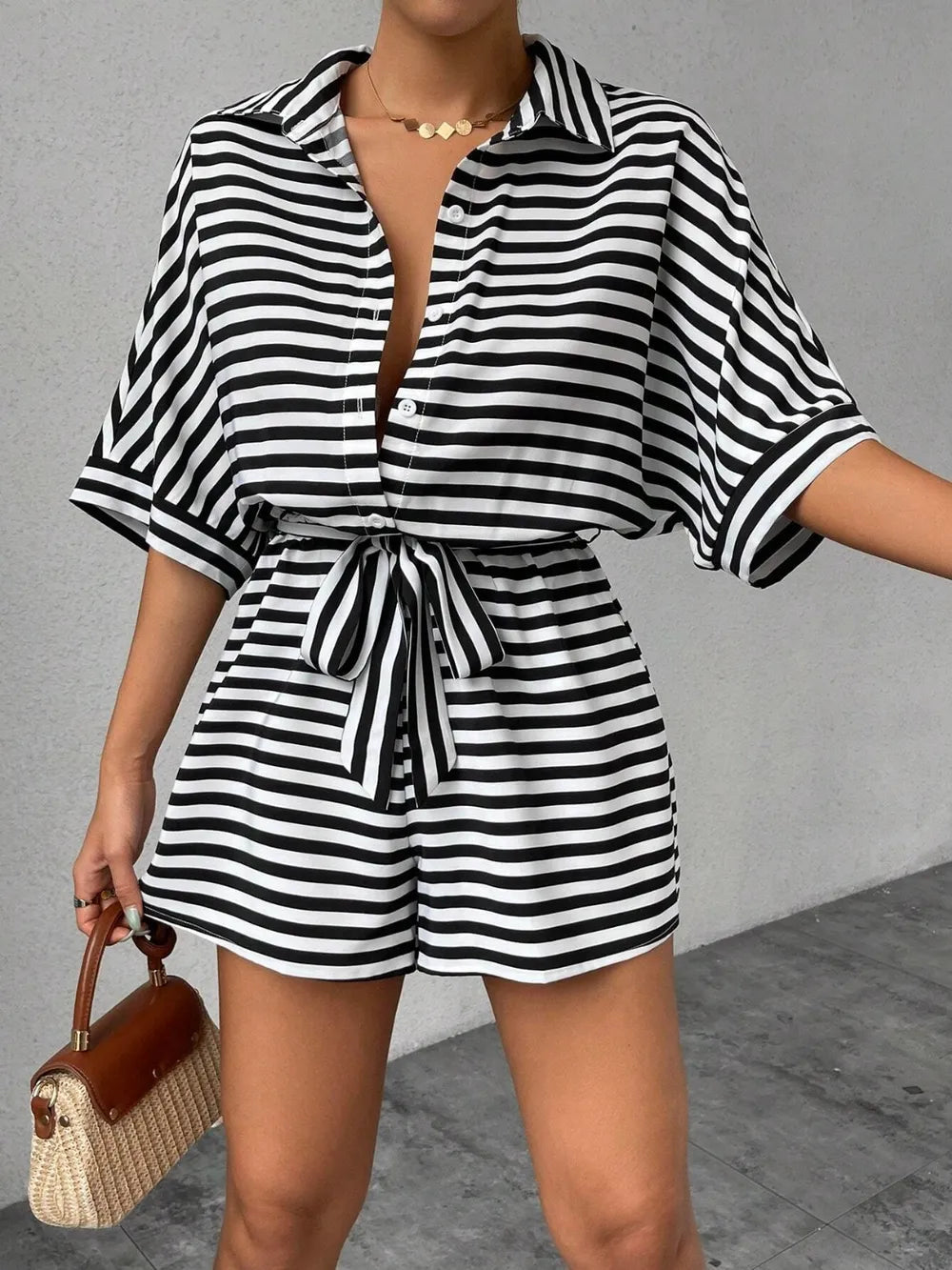 Tie Waist Half Button Striped Romper - Grace & Grit Boutique