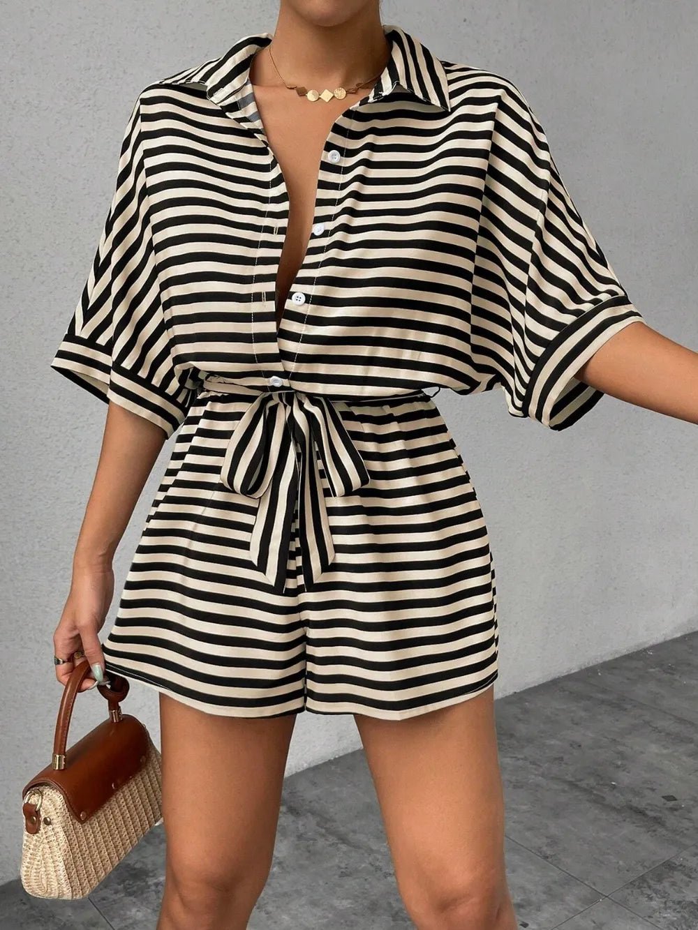 Tie Waist Half Button Striped Romper - Grace & Grit Boutique