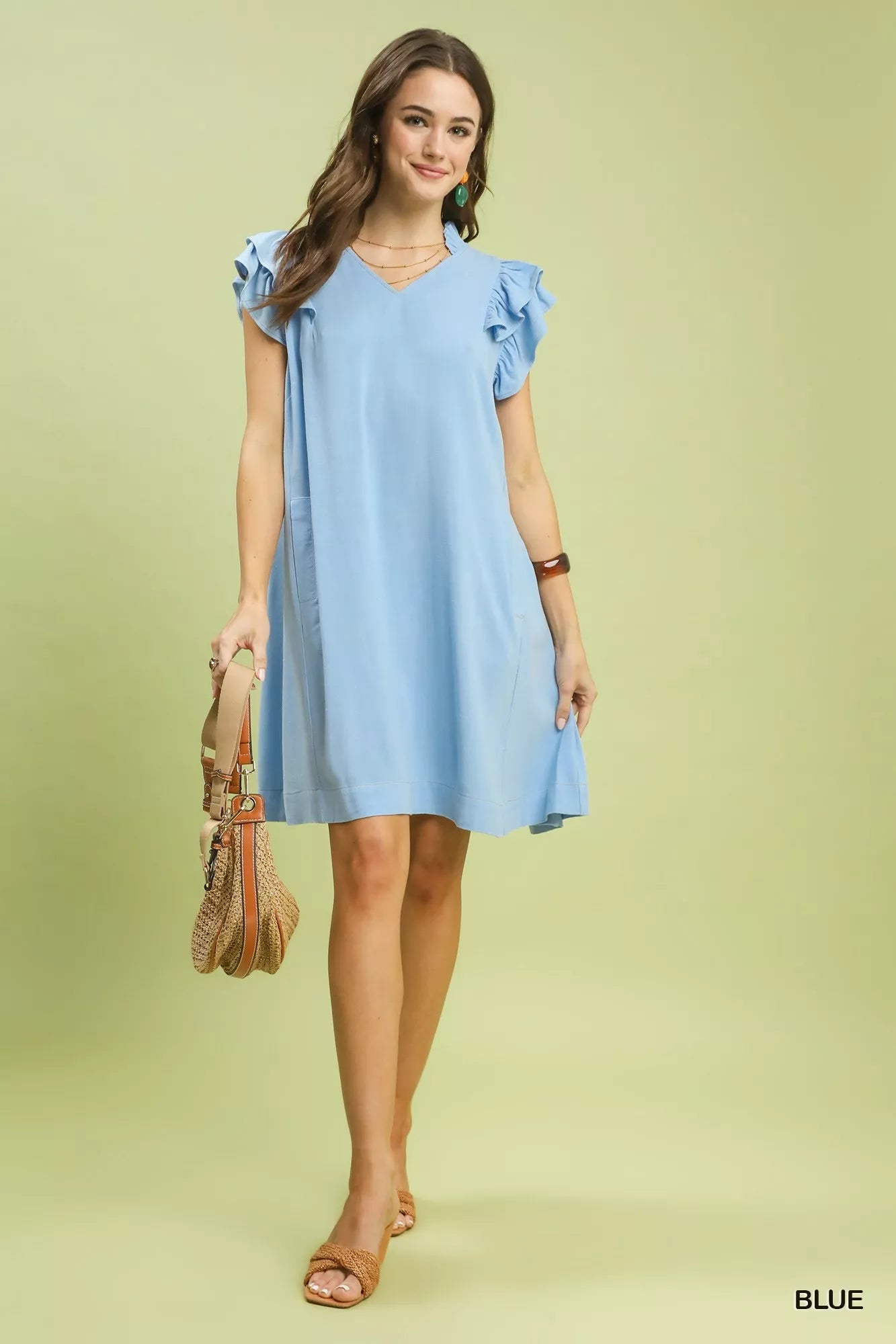 Umgee Linen Flutter Sleeve Shift Dress with Pockets by Trendsi