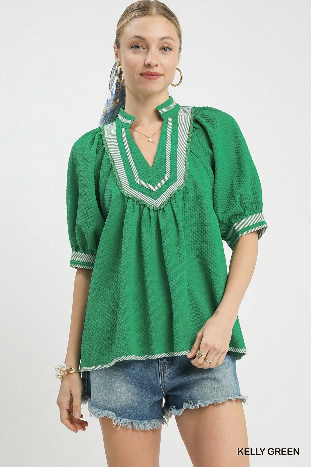 Umgee Textured Jacquard Contrast Trim Top - Grace & Grit Boutique