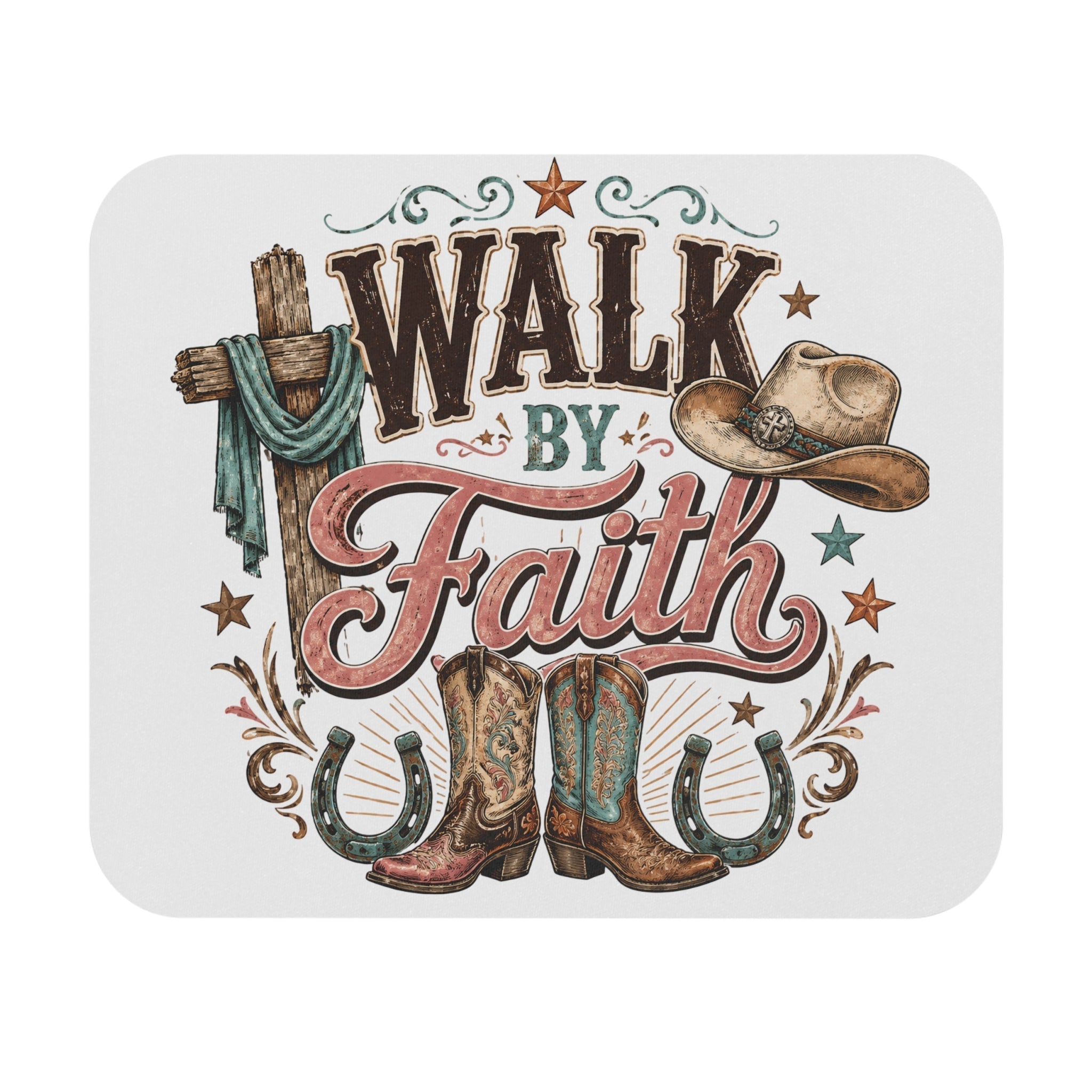 Walk By Faith Cowboy Mouse Pad — Western Christian Desk Mat with Boots, Hat & Horseshoes - Grace & Grit Boutique