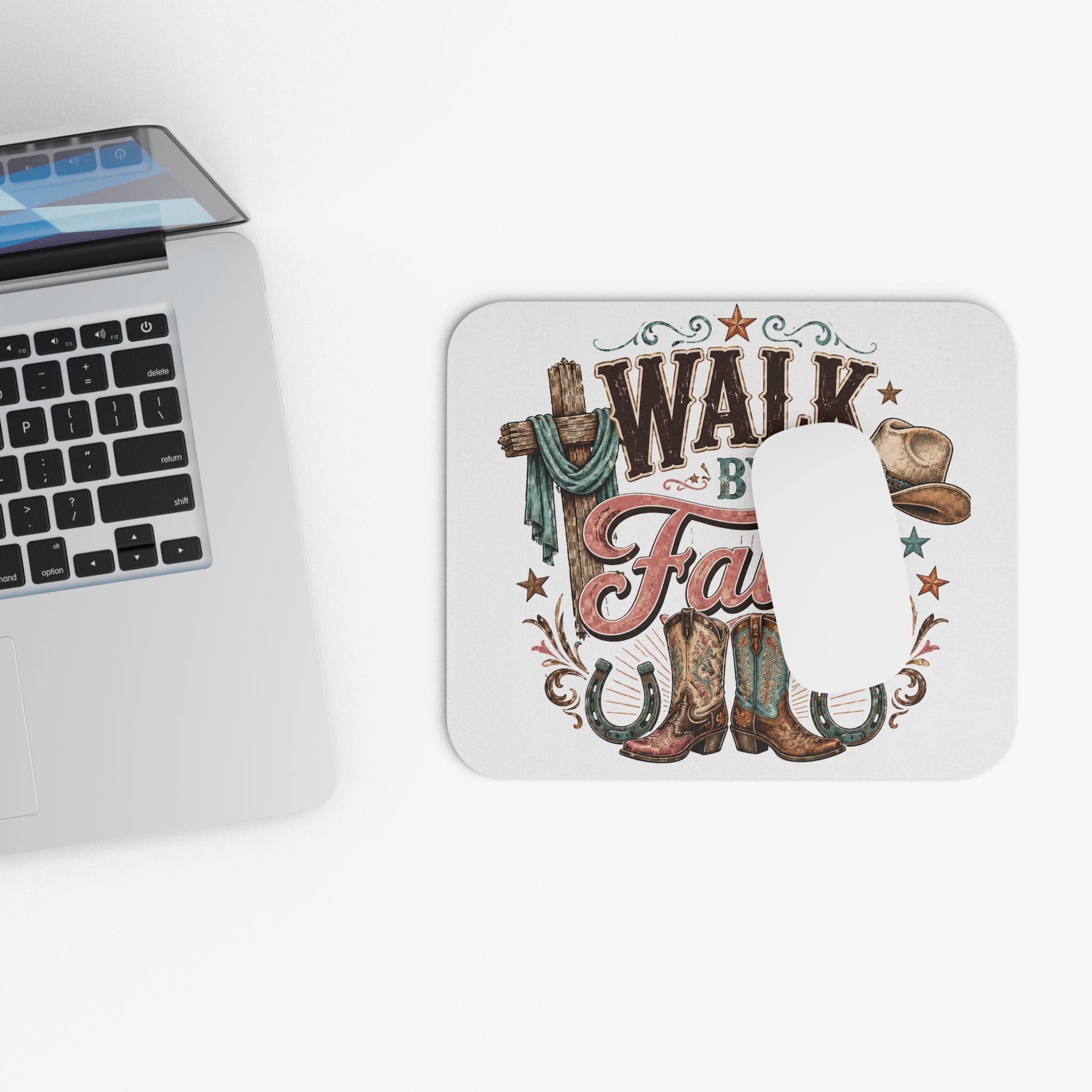 Walk By Faith Cowboy Mouse Pad — Western Christian Desk Mat with Boots, Hat & Horseshoes - Grace & Grit Boutique