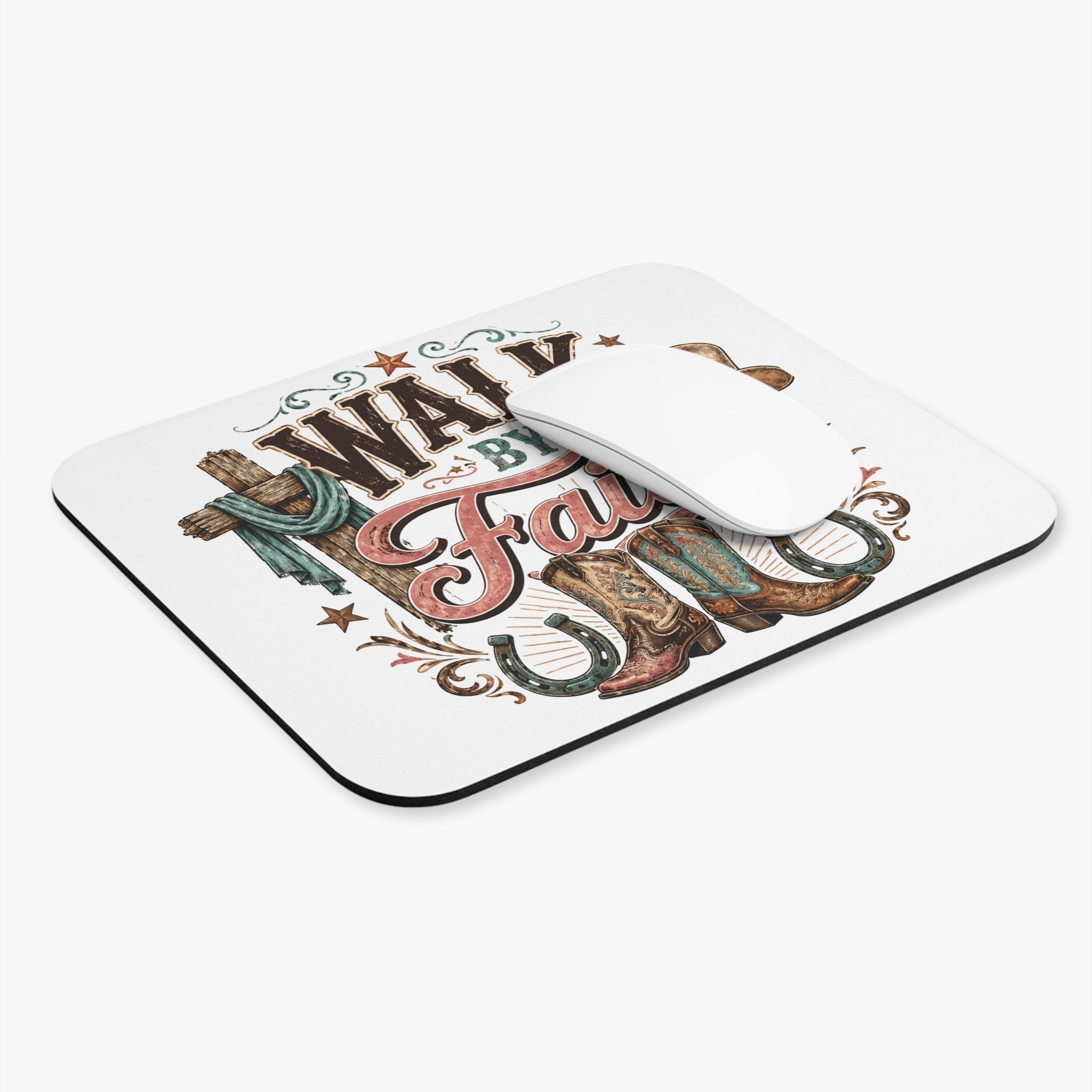 Walk By Faith Cowboy Mouse Pad — Western Christian Desk Mat with Boots, Hat & Horseshoes - Grace & Grit Boutique
