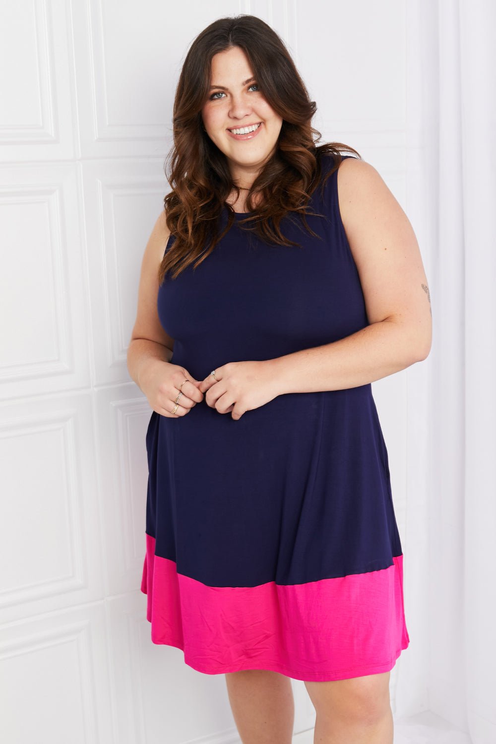 Yelete Full Size Two - Tone Sleeveless Mini Dress with Pockets - Grace & Grit Boutique