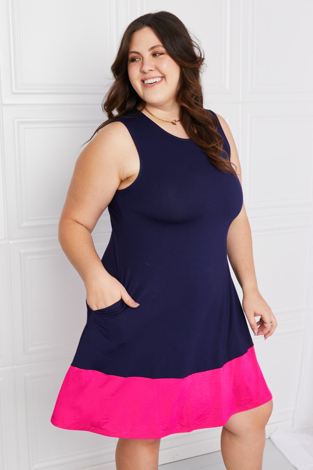 Yelete Full Size Two - Tone Sleeveless Mini Dress with Pockets - Grace & Grit Boutique