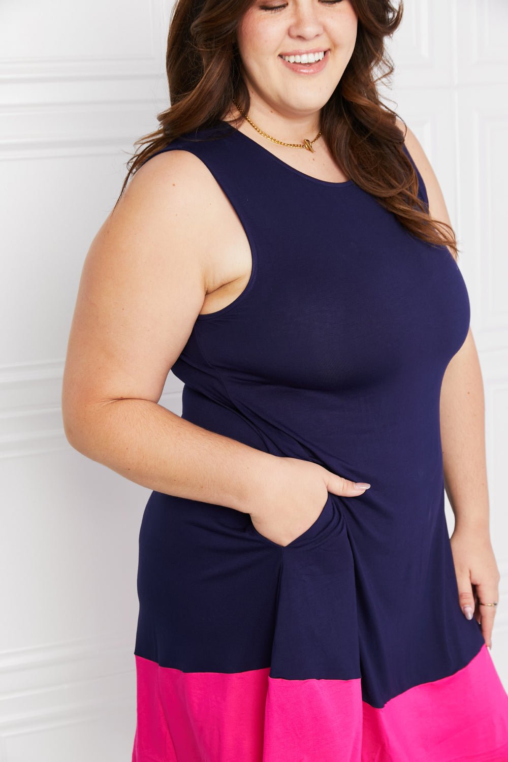 Yelete Full Size Two - Tone Sleeveless Mini Dress with Pockets - Grace & Grit Boutique