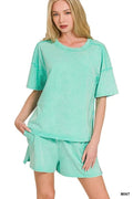 Zenana Acid Washed Short Sleeve Tee & Shorts Set - Grace & Grit Boutique