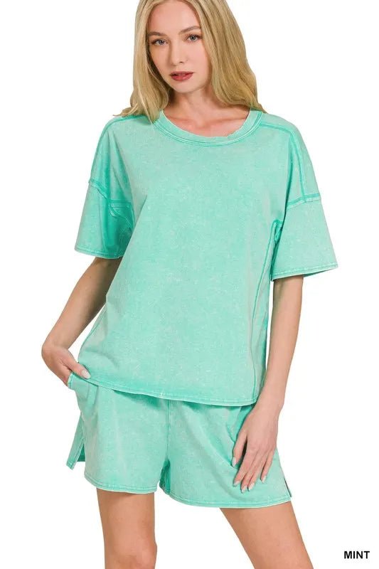 Zenana Acid Washed Short Sleeve Tee & Shorts Set - Grace & Grit Boutique