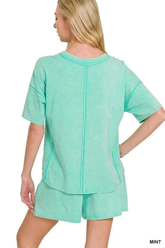 Zenana Acid Washed Short Sleeve Tee & Shorts Set - Grace & Grit Boutique
