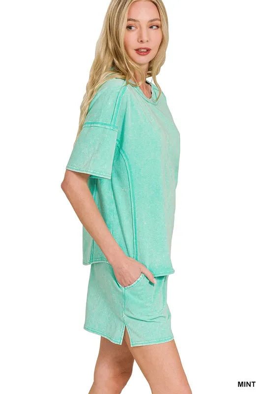 Zenana Acid Washed Short Sleeve Tee & Shorts Set - Grace & Grit Boutique