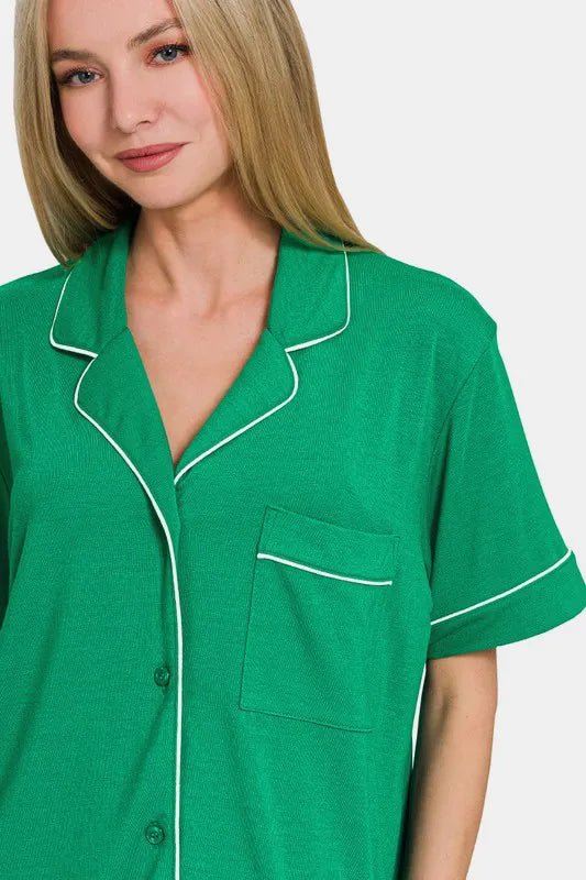 Zenana Button Down Short Sleeve Top and Shorts Lounge Set - Grace & Grit Boutique
