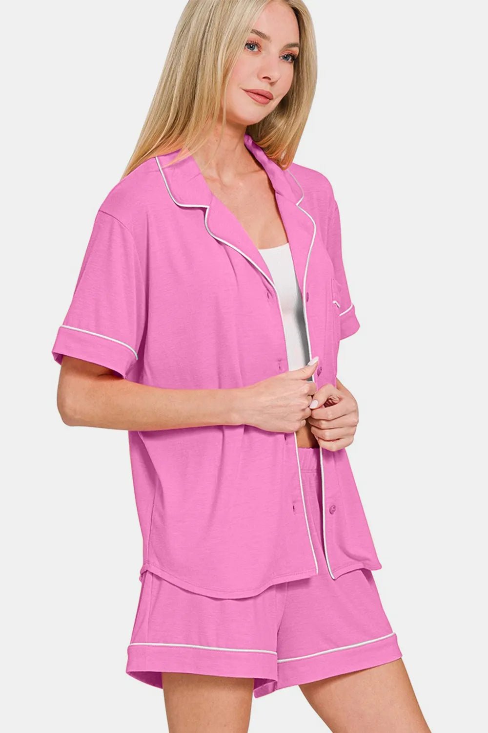 Zenana Button Down Short Sleeve Top and Shorts Lounge Set - Grace & Grit Boutique