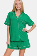 Zenana Button Down Short Sleeve Top and Shorts Lounge Set - Grace & Grit Boutique