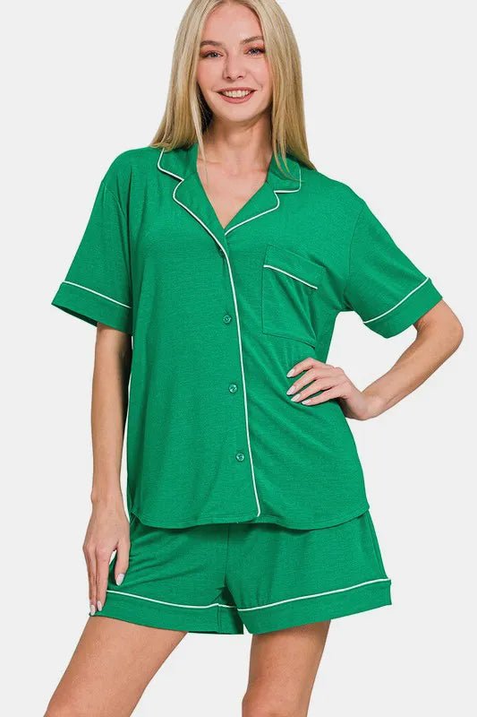 Zenana Button Down Short Sleeve Top and Shorts Lounge Set - Grace & Grit Boutique