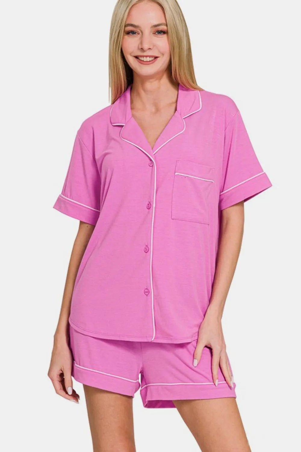 Zenana Button Down Short Sleeve Top and Shorts Lounge Set - Grace & Grit Boutique