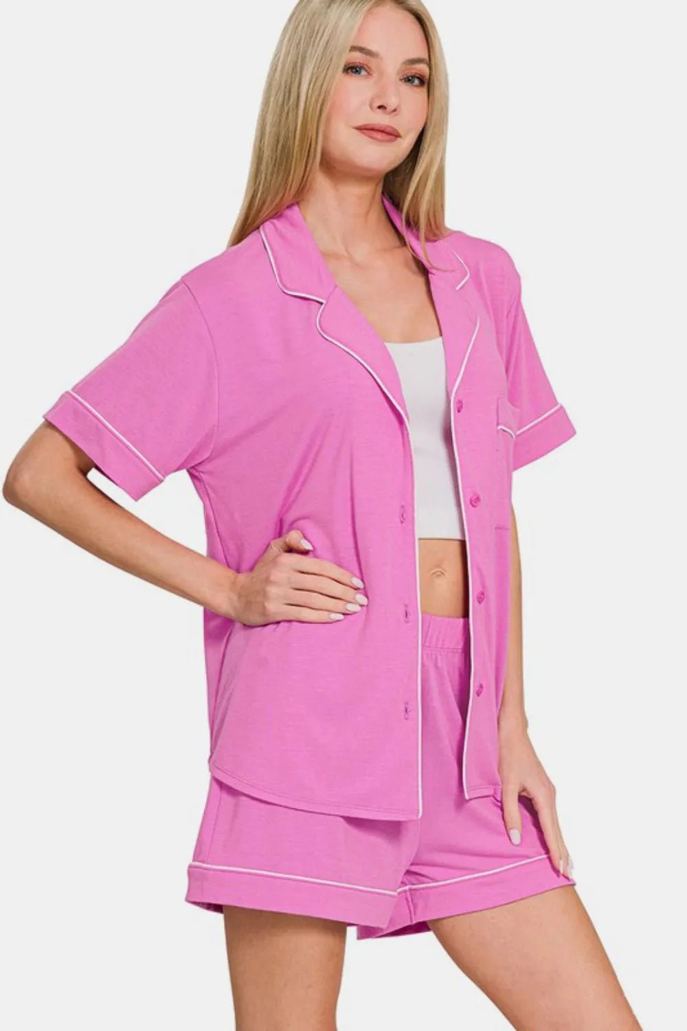 Zenana Button Down Short Sleeve Top and Shorts Lounge Set - Grace & Grit Boutique
