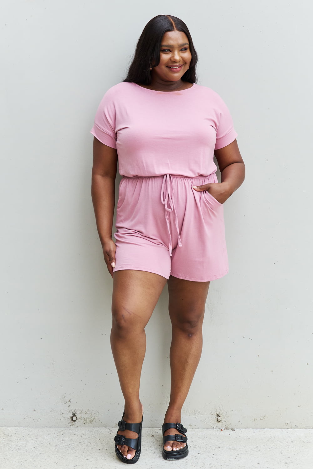 Zenana Chilled Out Full Size Short Sleeve Romper in Light Carnation Pink - Grace & Grit Boutique