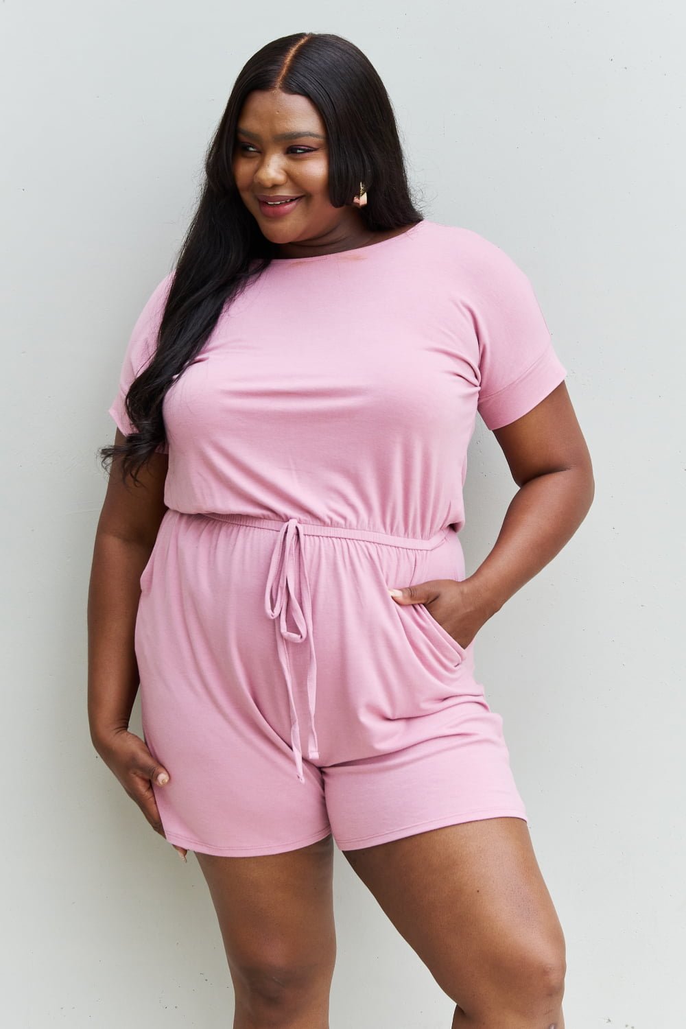 Zenana Chilled Out Full Size Short Sleeve Romper in Light Carnation Pink - Grace & Grit Boutique