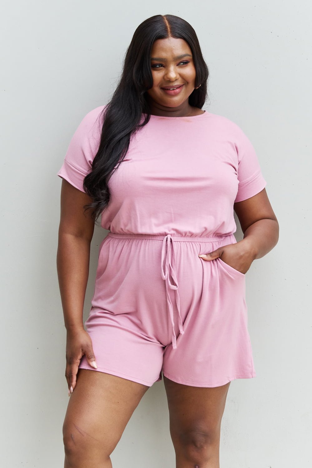 Zenana Chilled Out Full Size Short Sleeve Romper in Light Carnation Pink - Grace & Grit Boutique