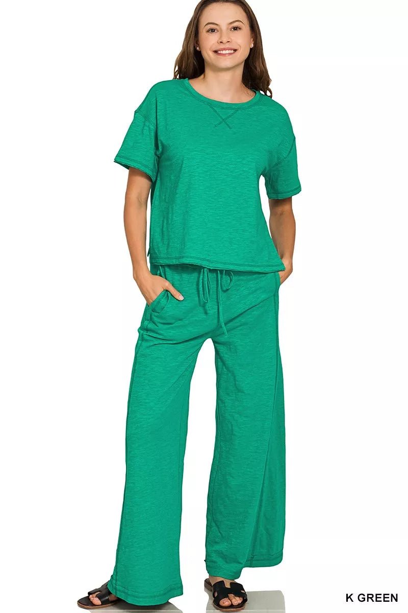 Zenana Cotton Slub Short Sleeve Tee and Pants Set - Grace & Grit Boutique