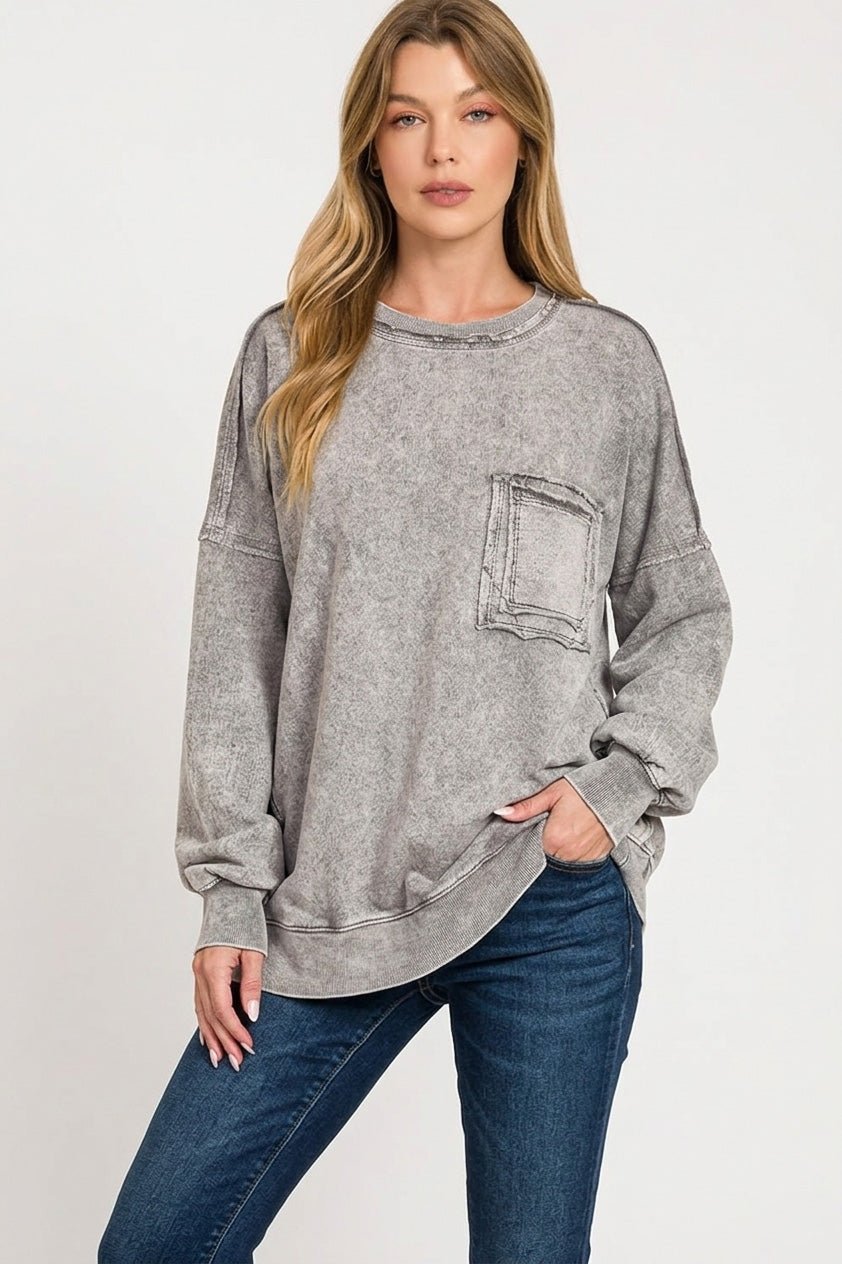 Zenana Halo Washed French Terry Exposed - seam Sweatshirt - Grace & Grit Boutique