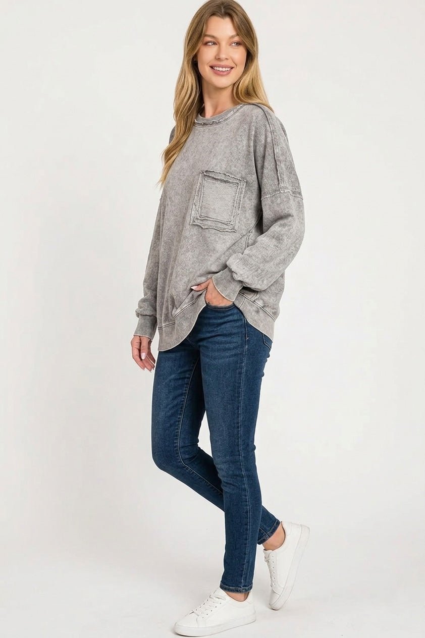 Zenana Halo Washed French Terry Exposed - seam Sweatshirt - Grace & Grit Boutique